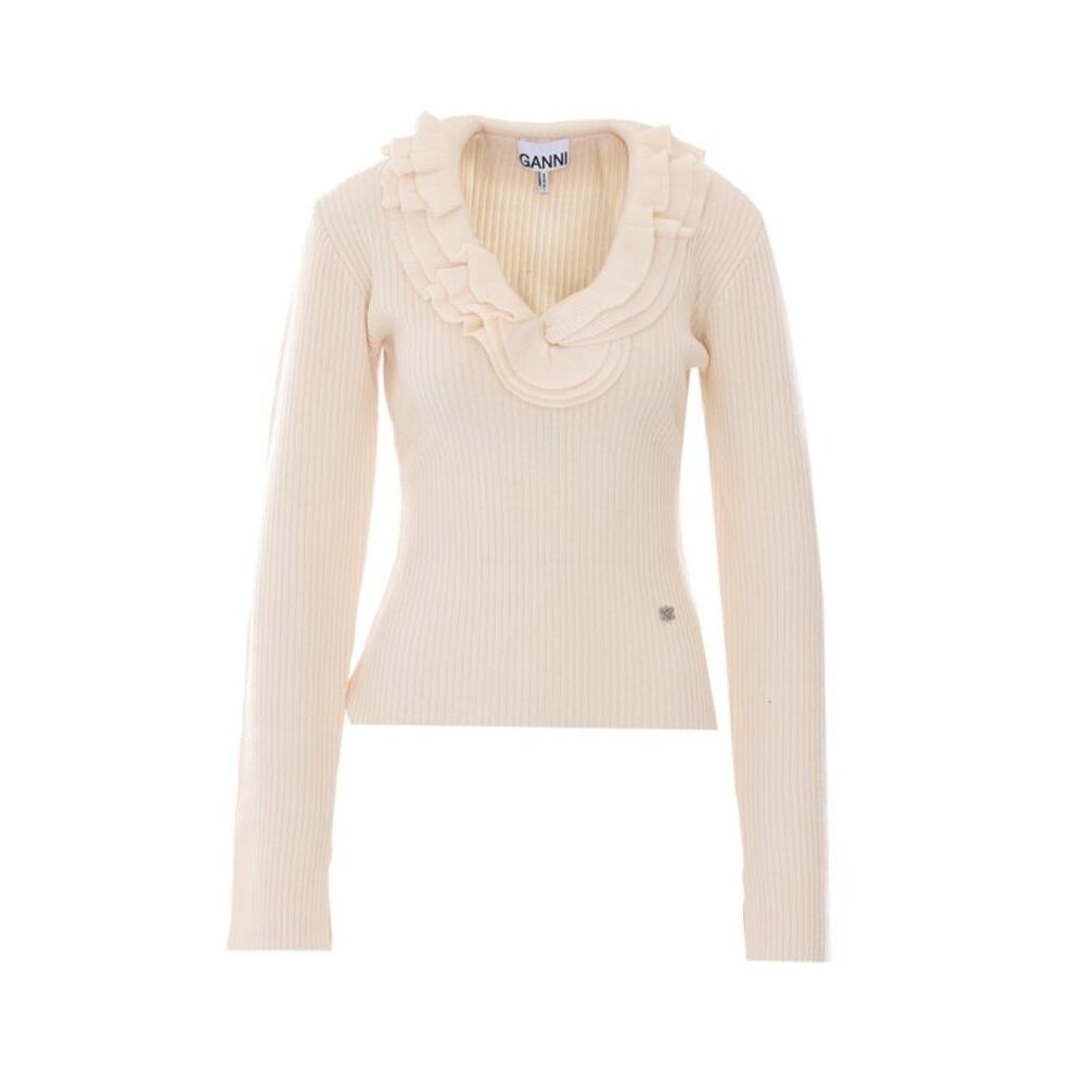 Ganni Women Ribbed Merino Top With Logo And Ruches